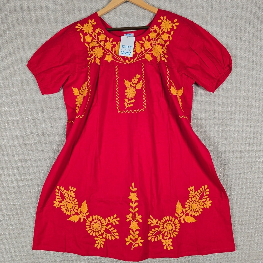 Mer St. Barth Womens Red Yellow Floral Embroidered Cotton Boho Mini Dress L NWT